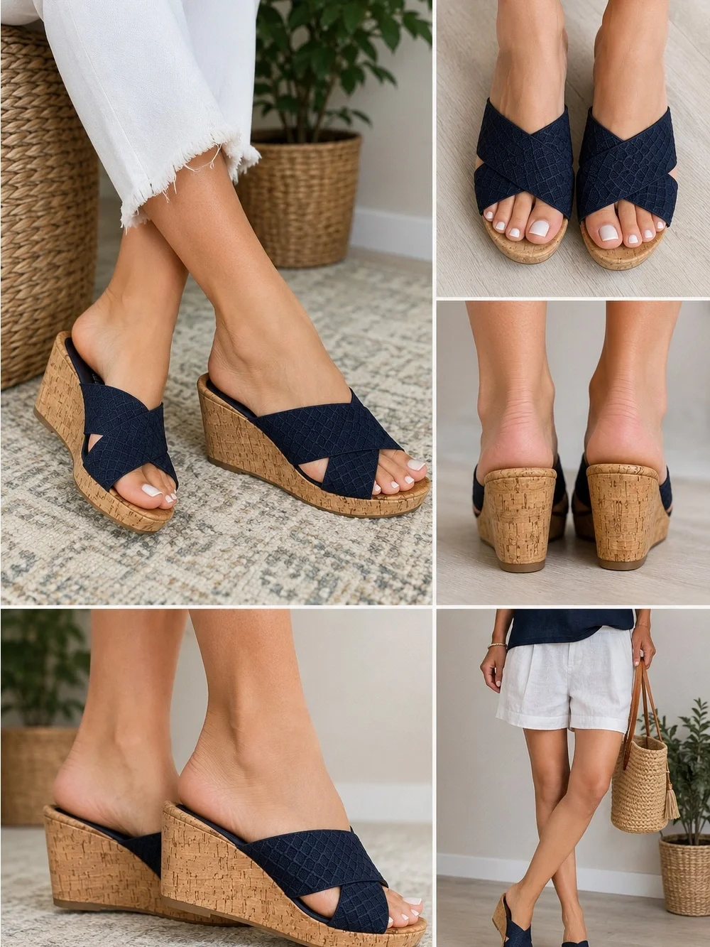 Kensie Jule Cork Wedge Slide Sandals Women’s Size 6M Navy Blue Criss Cross Summe